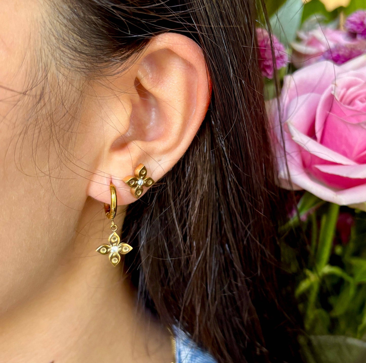 18ct Gold Plated Cubic Zirconia Clover Stud Earrings