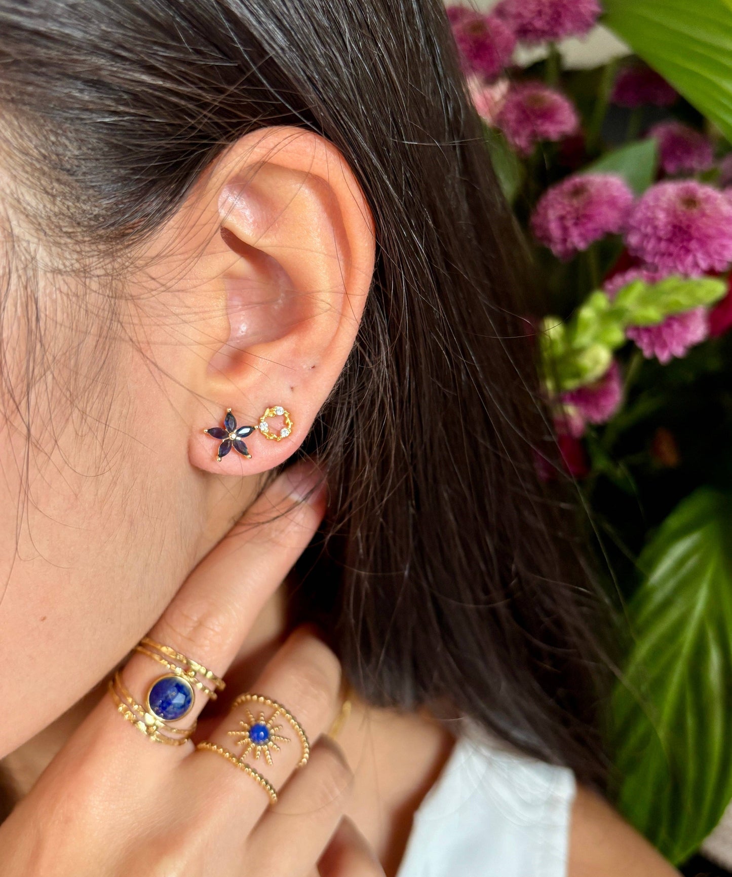 14ct Gold Plated Blue Cubic Zirconia Flower Stud Earrings