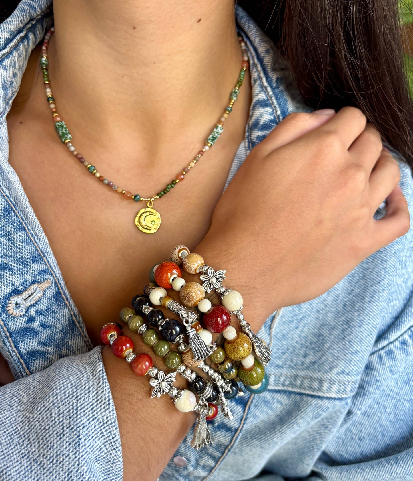 Ceramic Beads Bracelet With Tassel Charm - Beige