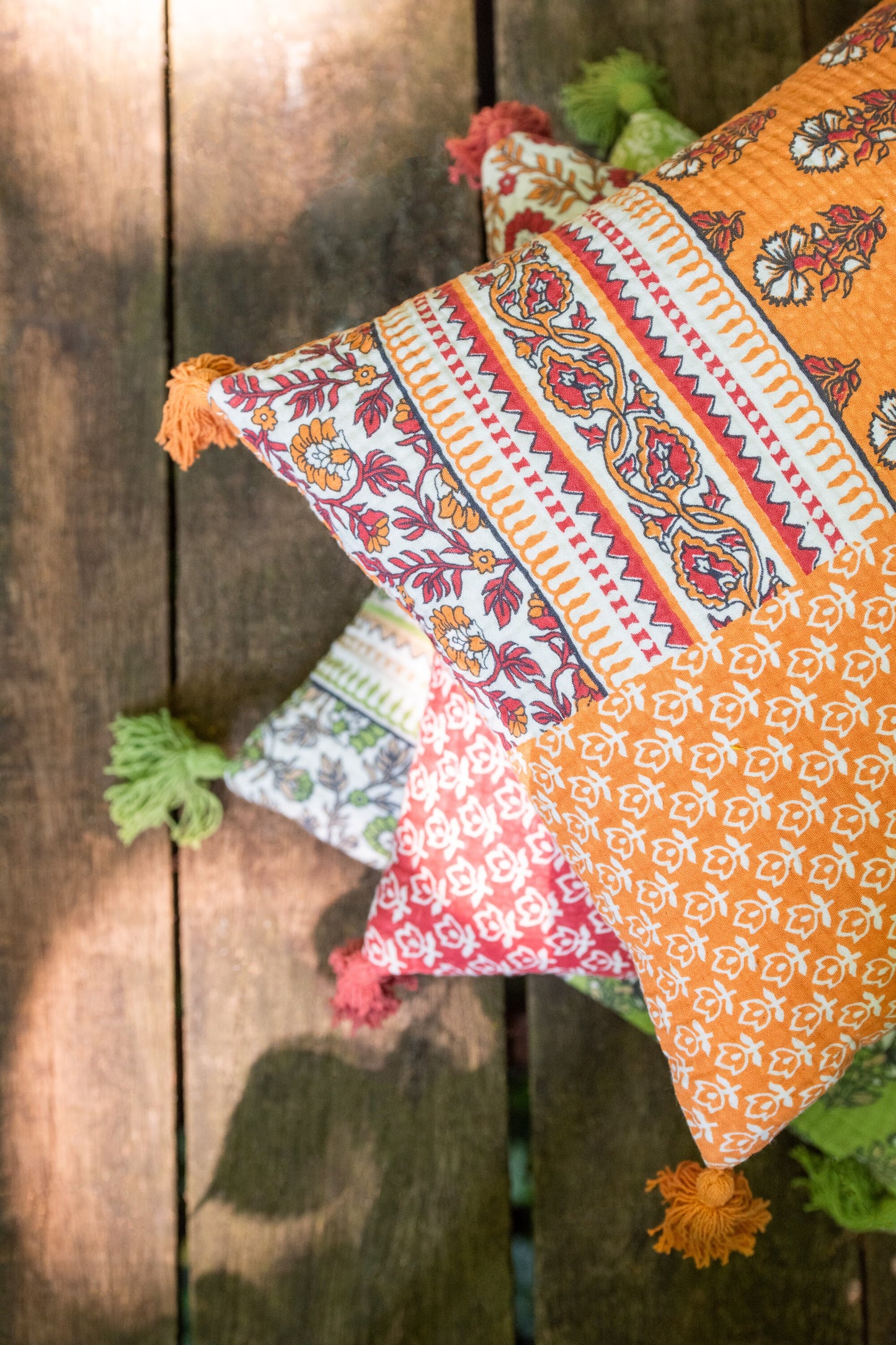 Orange Flowers Cushion W/Tassels