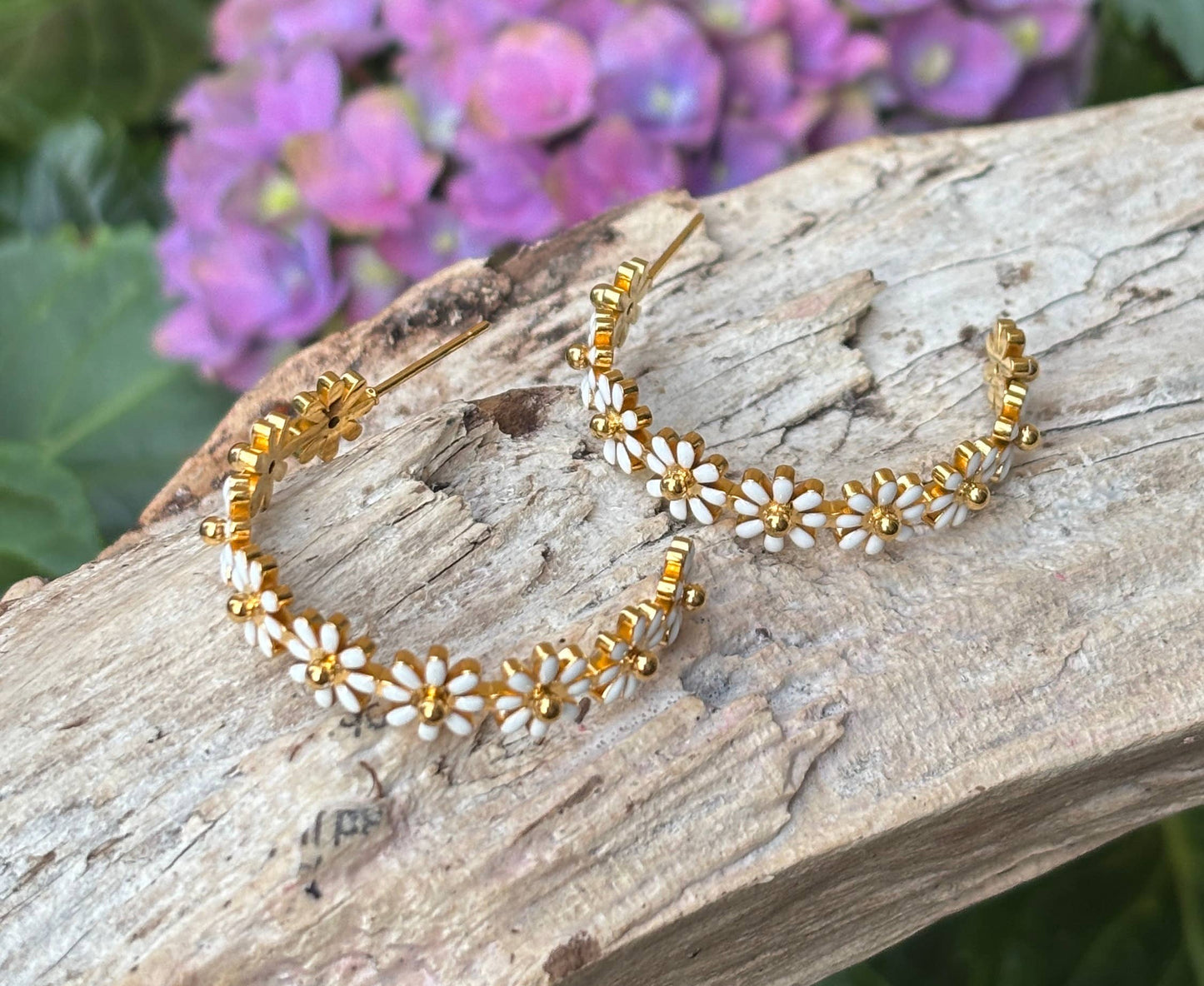 18ct Gold Plated White Daisy Hoop Earrings