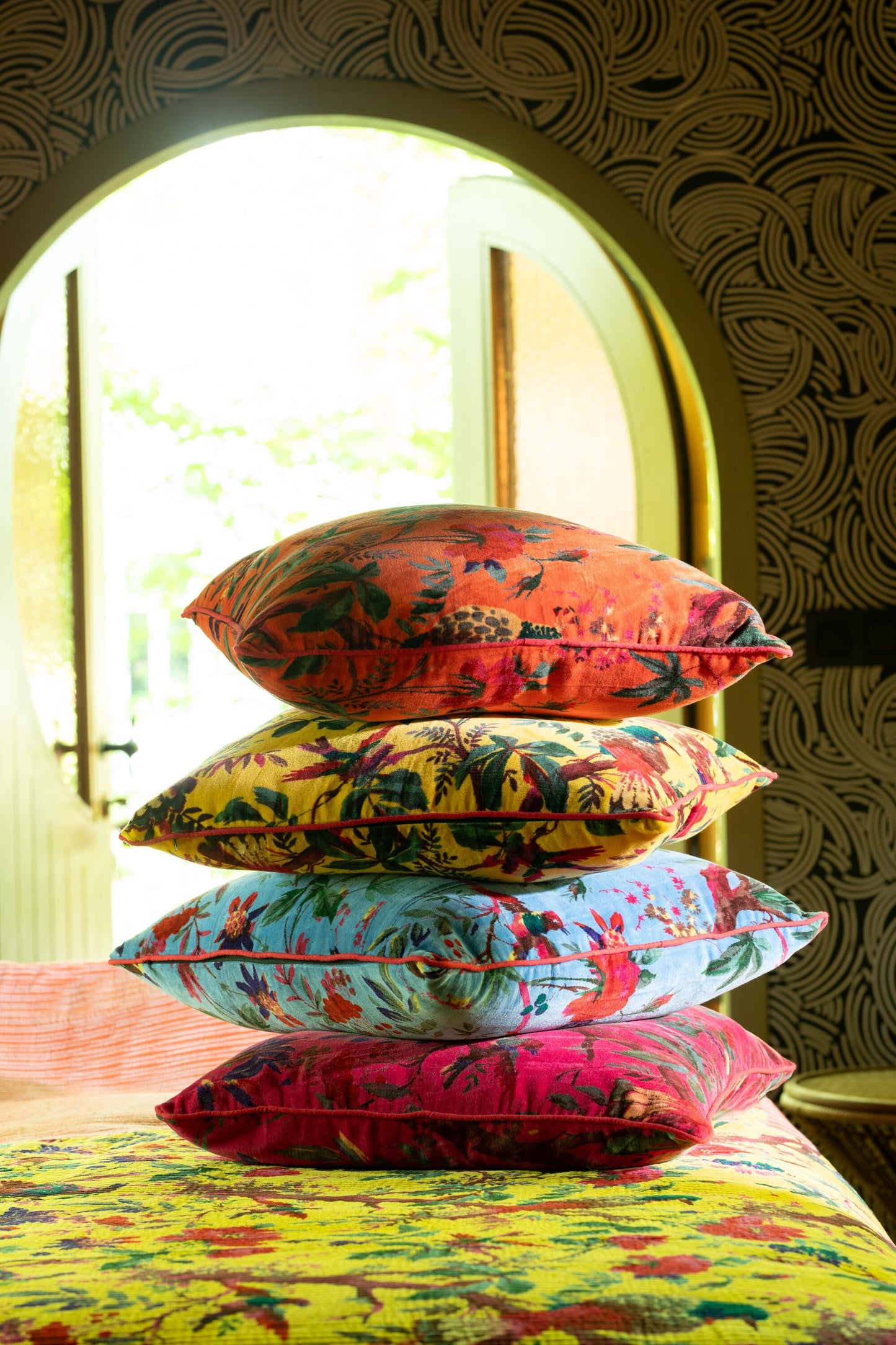 Birds/Flowers Cotton Velvet Cushion - Orange