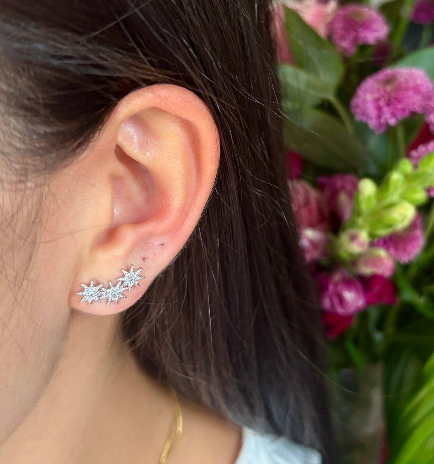 14ct Gold Plated Cubic Zirconia Triple Stars Climber Earrings - Available in Silver