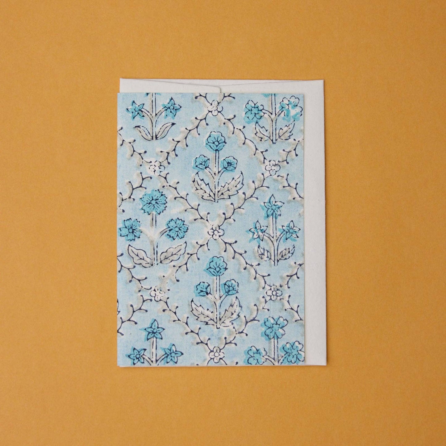 Hand Block Printed Greeting Card - GC Floral Lattice Blue Opal