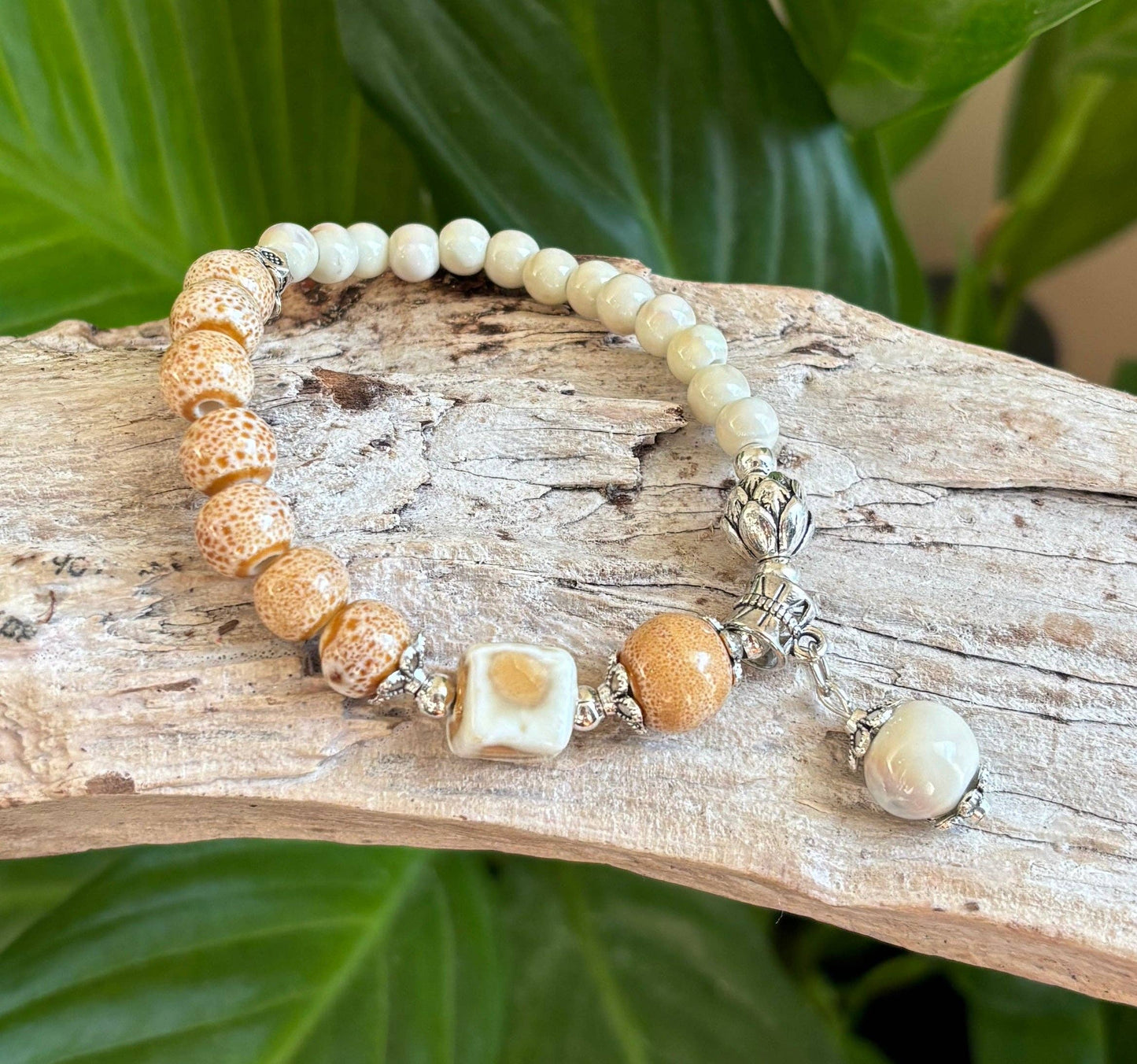 Ceramic Beads Bracelet With Charm - Beige