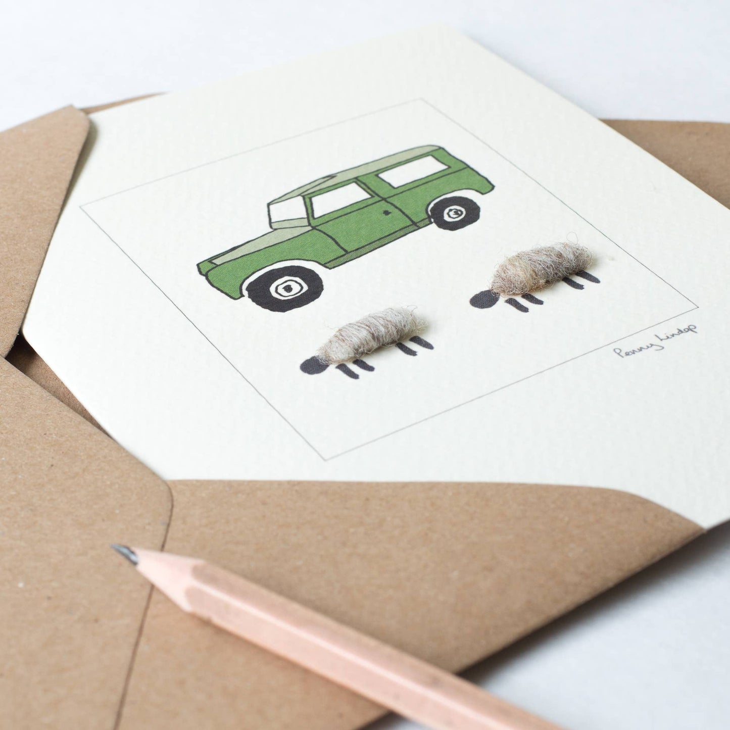 Land Rover & Sheep Card With Wool Finish | C6 Greeting Card