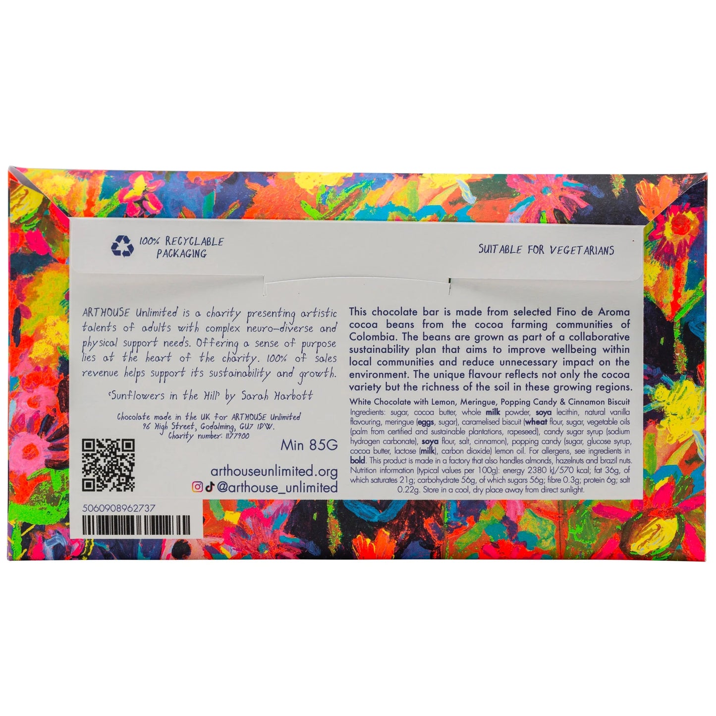 "Sunflowers In The Hills" White Chocolate Bar with Lemon Meringue, Popping Candy & Cinnamon Biscuit Crunch