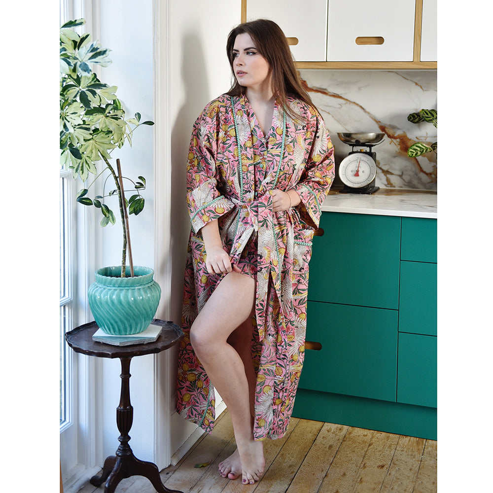Pink Tropical Bird & Pomegranate Print Dressing Gown