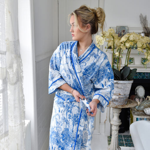 Blue & White Safari Toile De Jouy Print Dressing Gown
