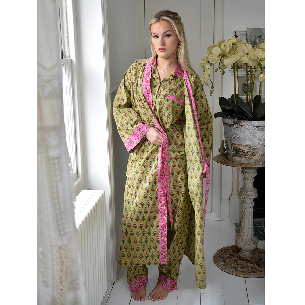 Lime Green & Pink Small Block Print Dressing Gown
