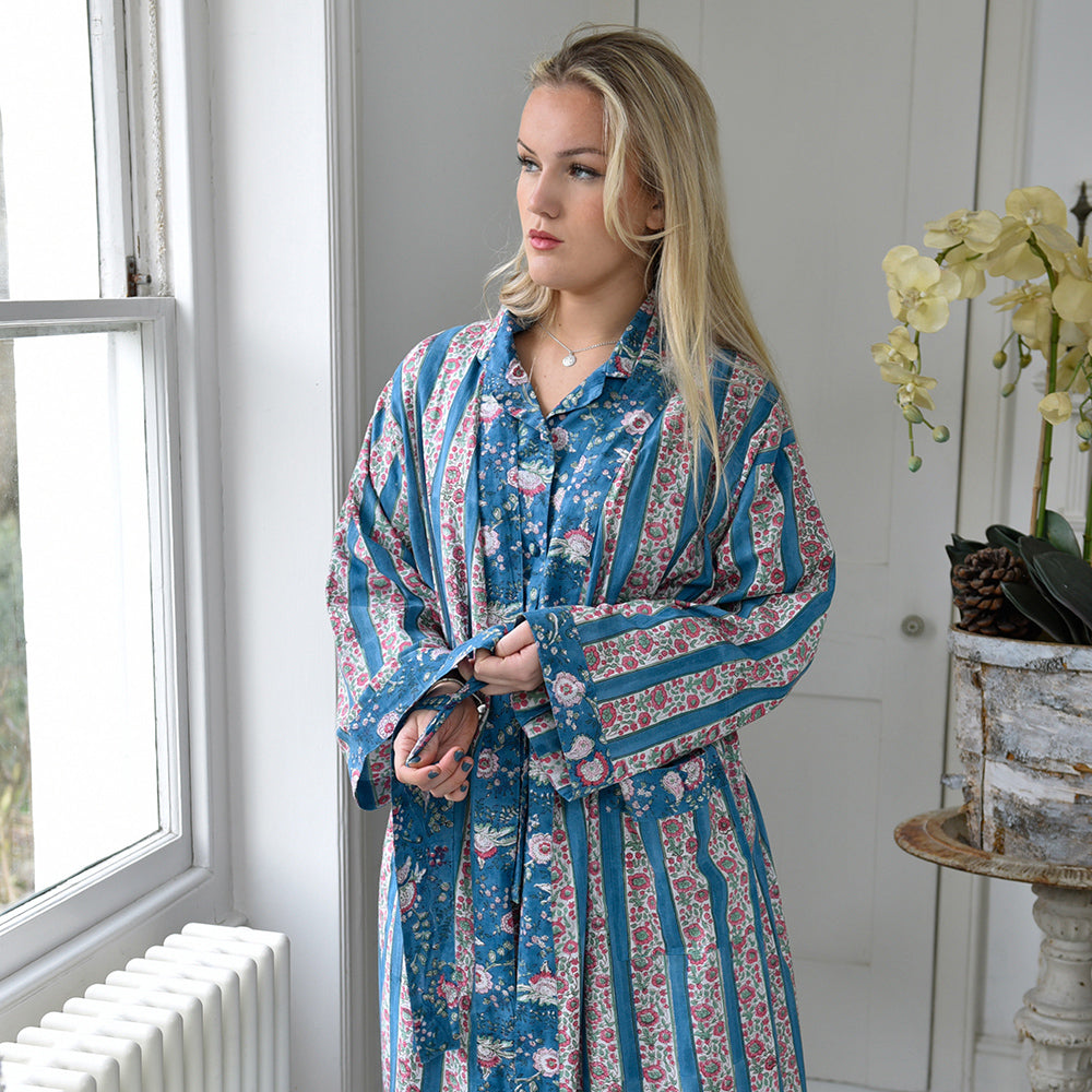 Inky Blue, Pink & Green Mixed Floral & Stripe Print Dressing Gown