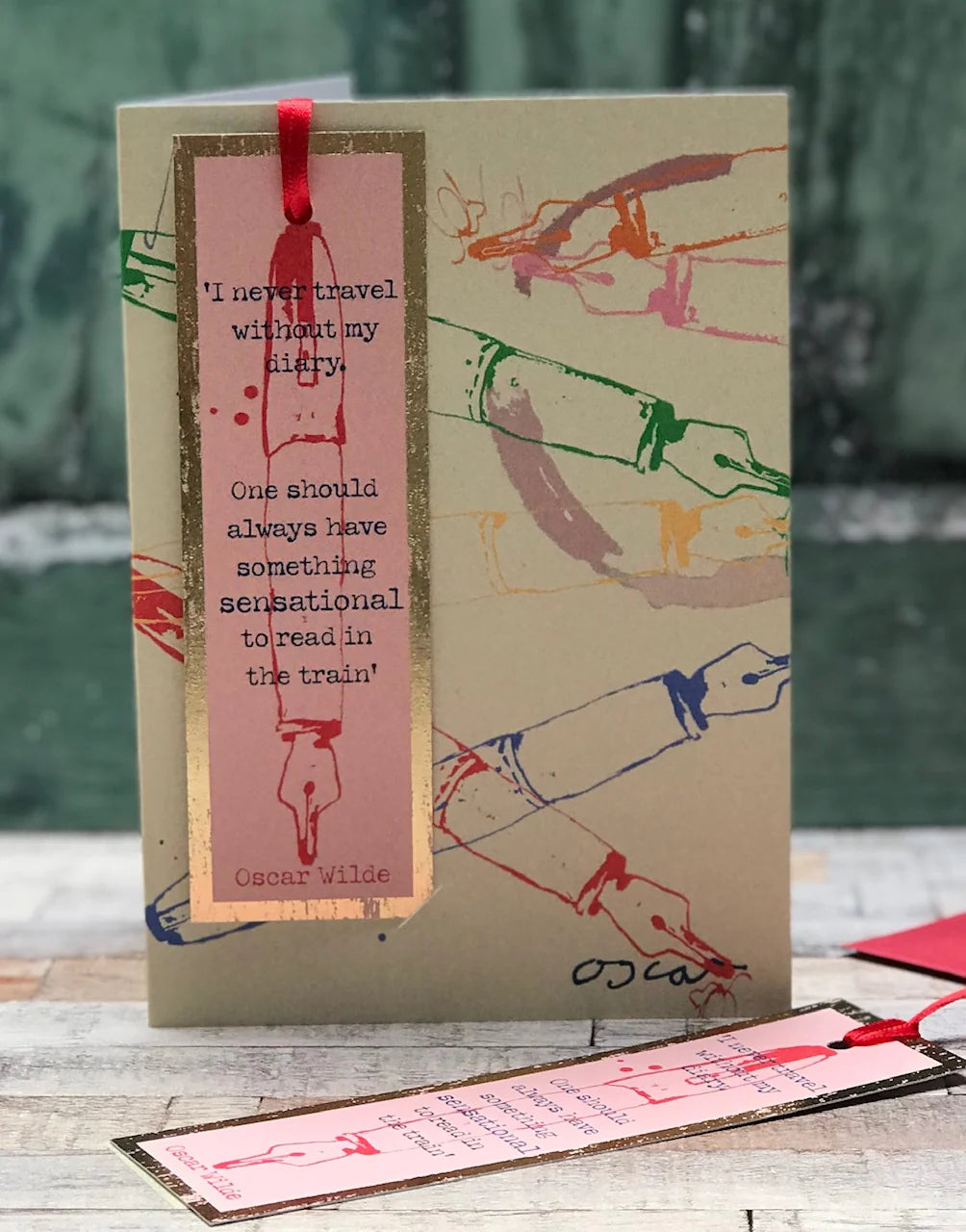 'Sensational Diary, Oscar Wilde' Greetings Card with foiled bookmark