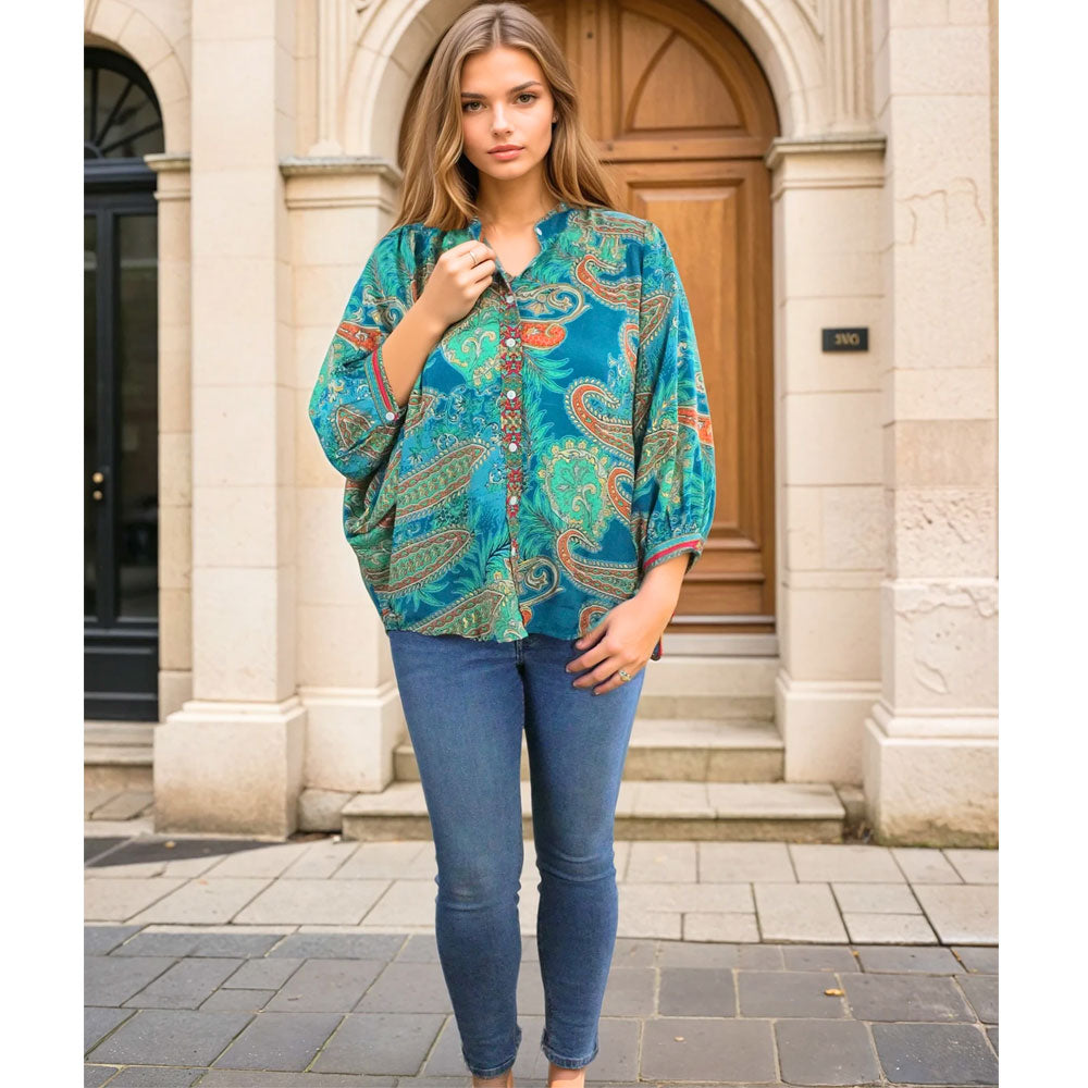 Turquoise, Orange & Pink Viscose Button Down Shirt