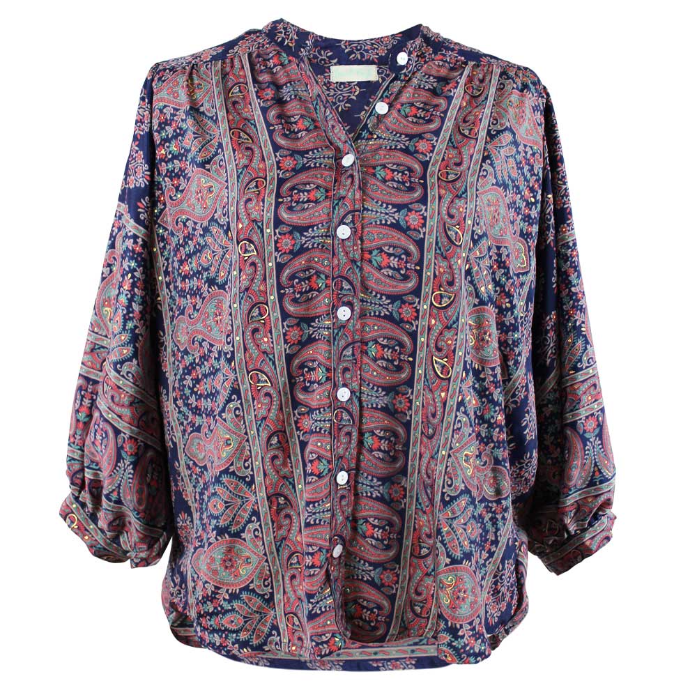 Navy Blue & Coral Viscose Button Down Shirt