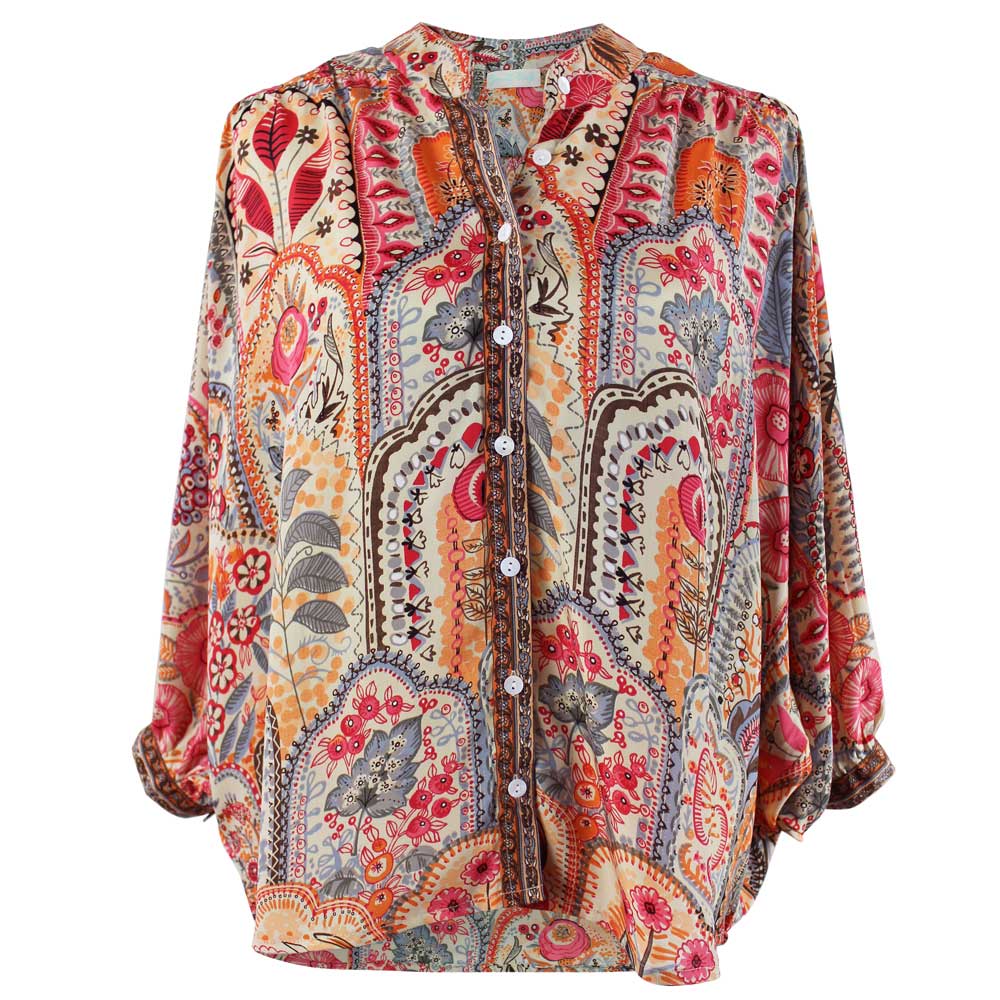 Cream, Orange, Pink & Brown Floral Print Viscose Button Down Shirt
