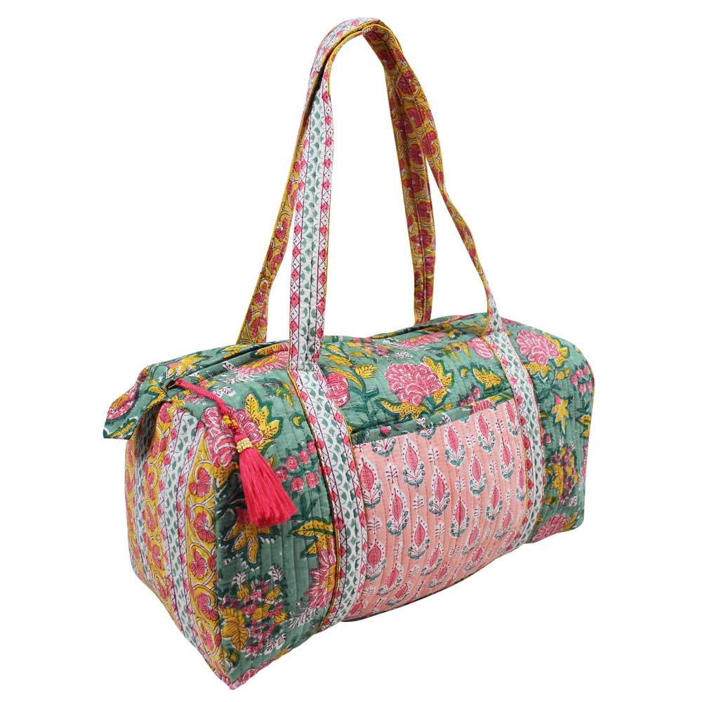 Green, Lemon & Pink Mixed Block Floral Zip Top Quilted Duffle Bag
