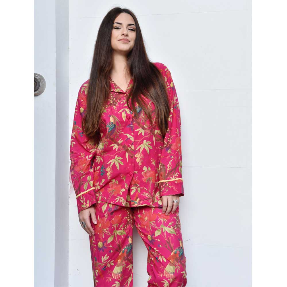 Hot Pink Bird Women’s Pyjamas With Pom Pom Trims