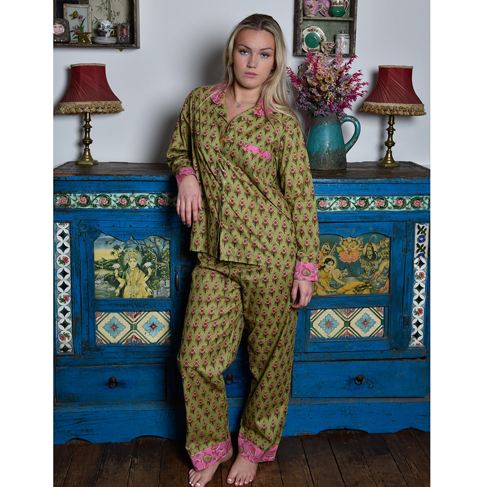 Lime Green & Pink Small Block Print Women’s Pyjamas
