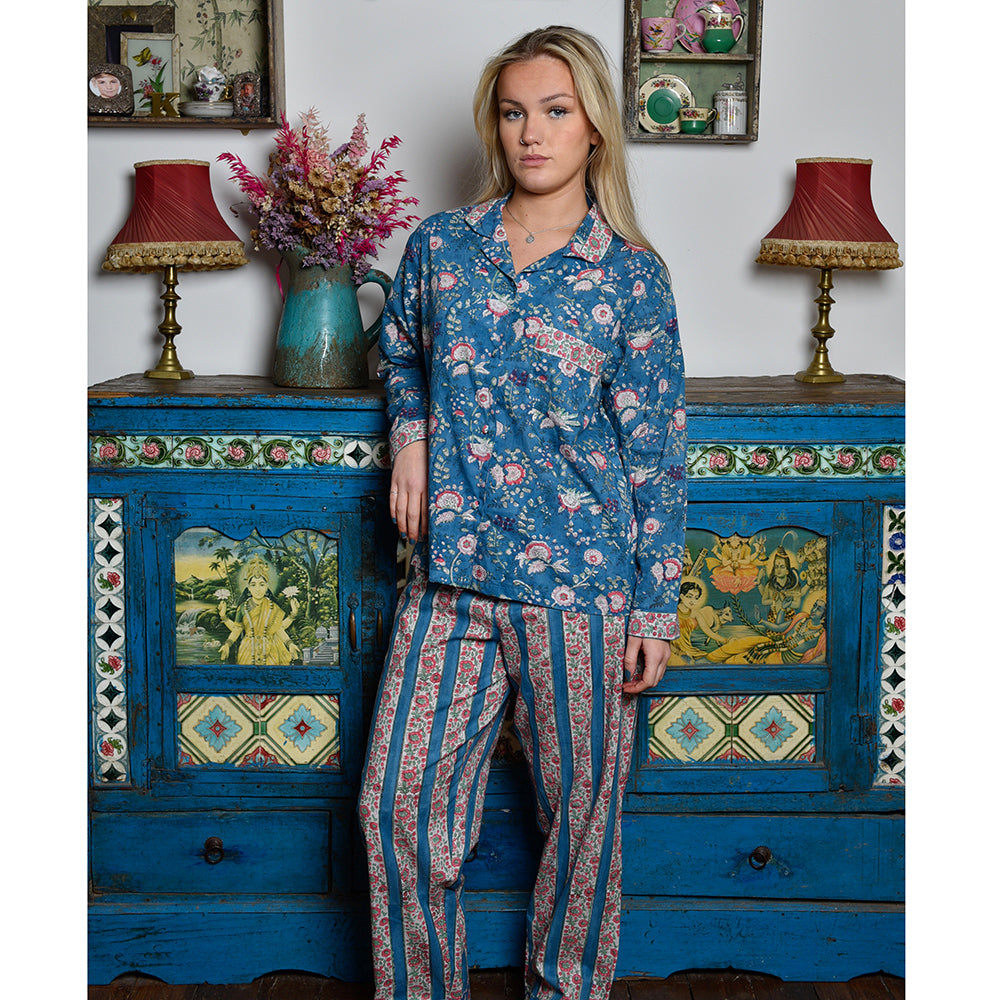 Inky Blue, Pink & Green Mixed Floral & Stripe Print Women’s Pyjamas