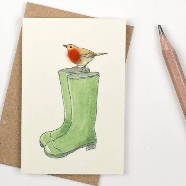 Robin on Wellies Mini Card with Wool Finish | Greeting Card