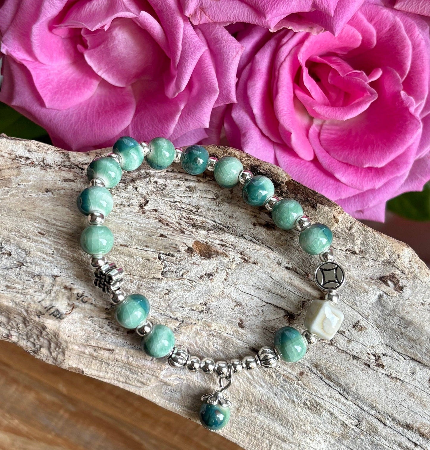 Ceramic Beads Bracelet With Charm - Green