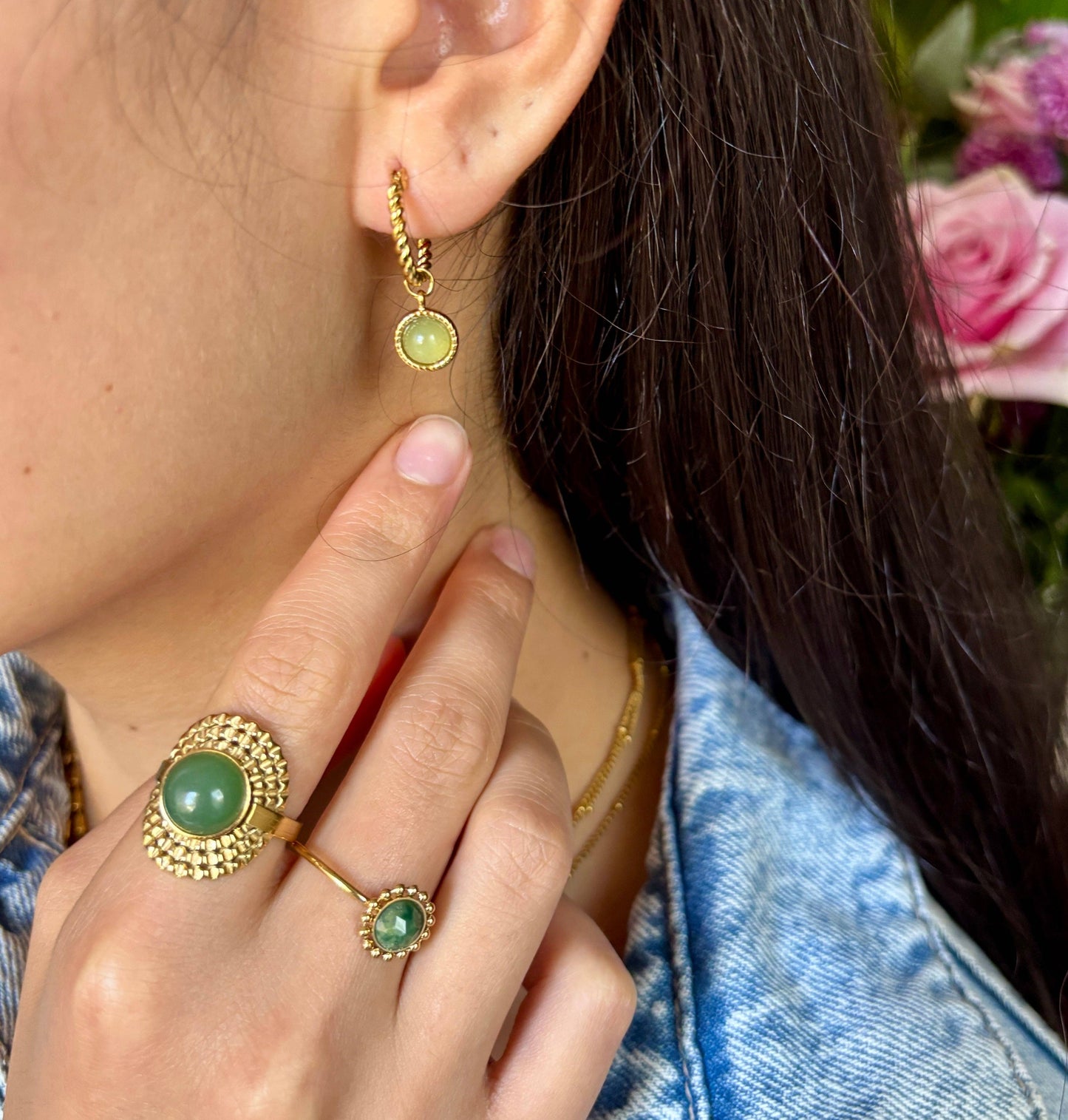 18ct Gold Plated Aventurine Twisted Hoop Earrings