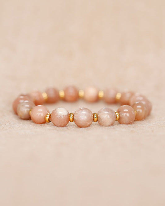 Peach Moonstone 10mm Bracelet With Gold Beads