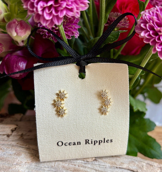 14ct Gold Plated Cubic Zirconia Triple Stars Climber Earrings - Available in Silver