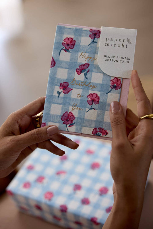 Hand Block Printed Greeting Card - GC Gingham Pink Sorbet HB