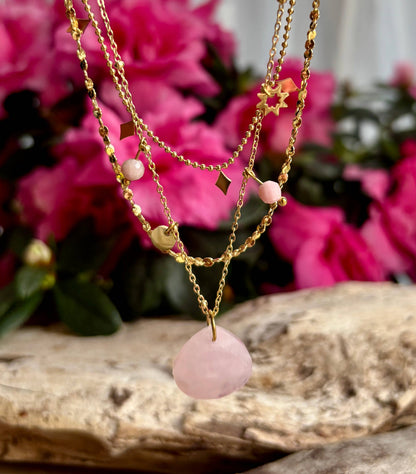 18ct Gold Plated Rose Quartz Pendant Necklace   
