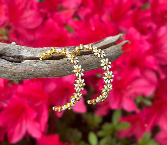 18ct Gold Plated White Daisy Hoop Earrings  