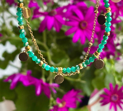 18ct Gold Plated Natural Stone Beads Double Chain Bracelet - Available in Three Colours