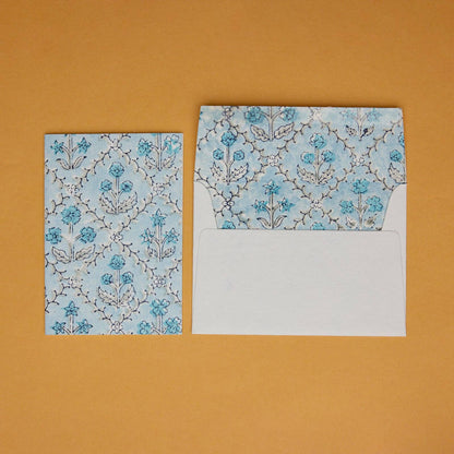 Hand Block Printed Greeting Card - GC Floral Lattice Blue Opal