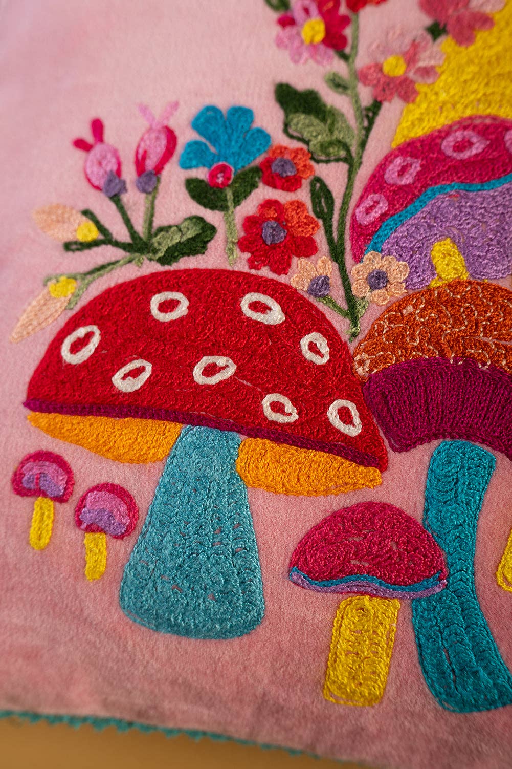 Pink Embroidered Toadstools Cushion