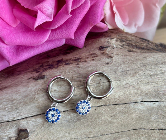 925 Sterling Silver Blue Cubic Zirconia Huggie Earrings 