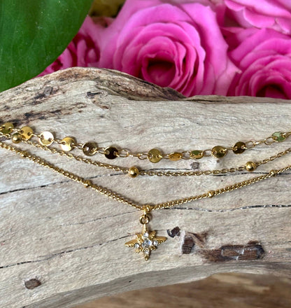 18ct Gold Plated Triple Chain Star Necklace 