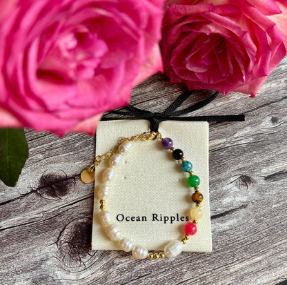 14ct Gold Plated Fresh Water Pearl Healing Stone Bracelet