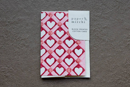 Hand Block Printed Greeting Card - Red Checks Heart