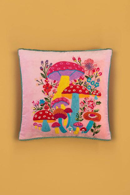 Pink Embroidered Toadstools Cushion