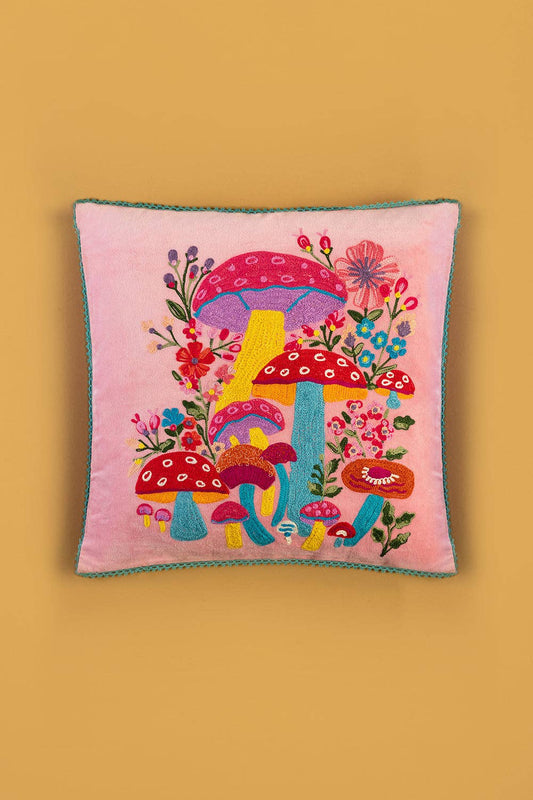 Pink Embroidered Toadstools Cushion