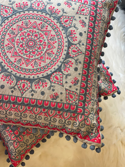 Mandala Cushion with Pom Poms