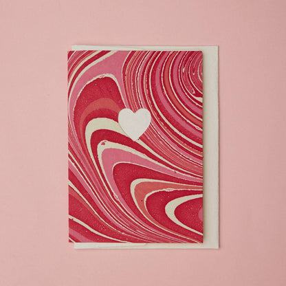 Hand Marbled Greeting Card - Die Cut Heart Pink Marble