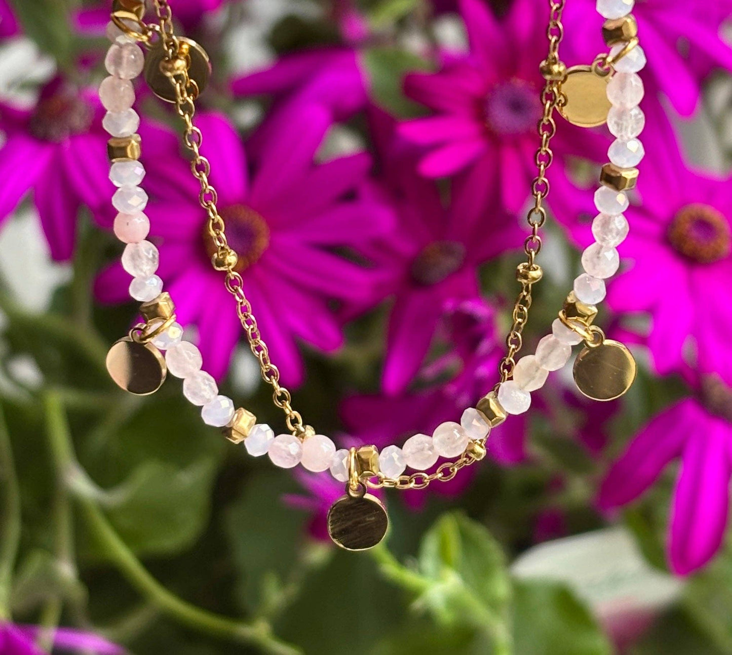 18ct Gold Plated Natural Stone Beads Double Chain Bracelet - Available in Three Colours