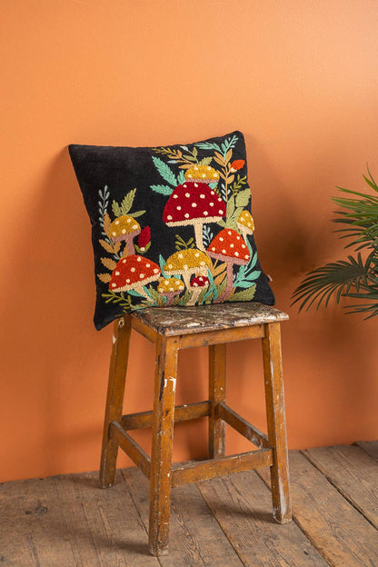 Black Embroidered Toadstools Cushion