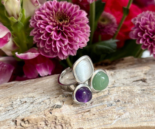 Adjustable Silver Triple Natural Stone Ring   