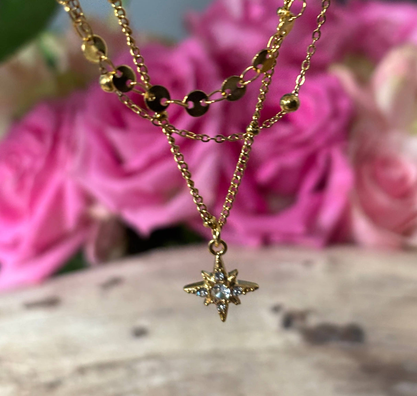 18ct Gold Plated Triple Chain Star Necklace 