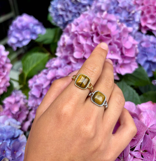 18ct Gold Plated Square Tiger's Eye Ring - Available In Silver