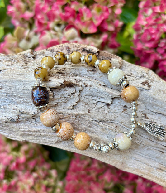 Ceramic Beads Bracelet With Tassel Charm - Beige