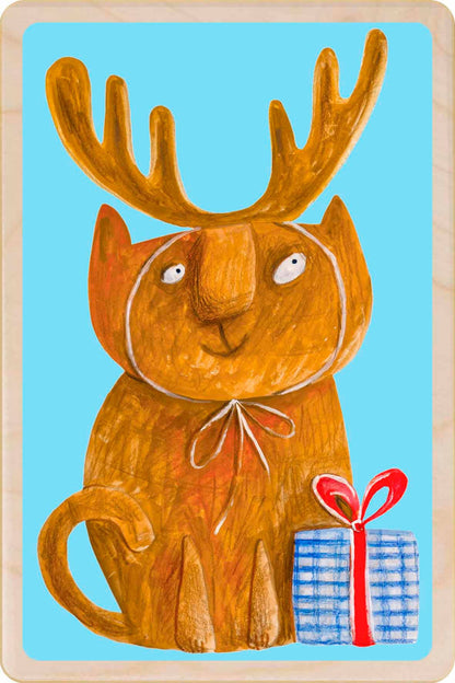 Festive Cat Christmas Wood Poscard