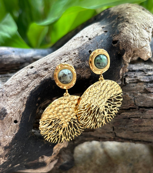 18ct Gold Plated African Turquoise Hammered Drop Earrings